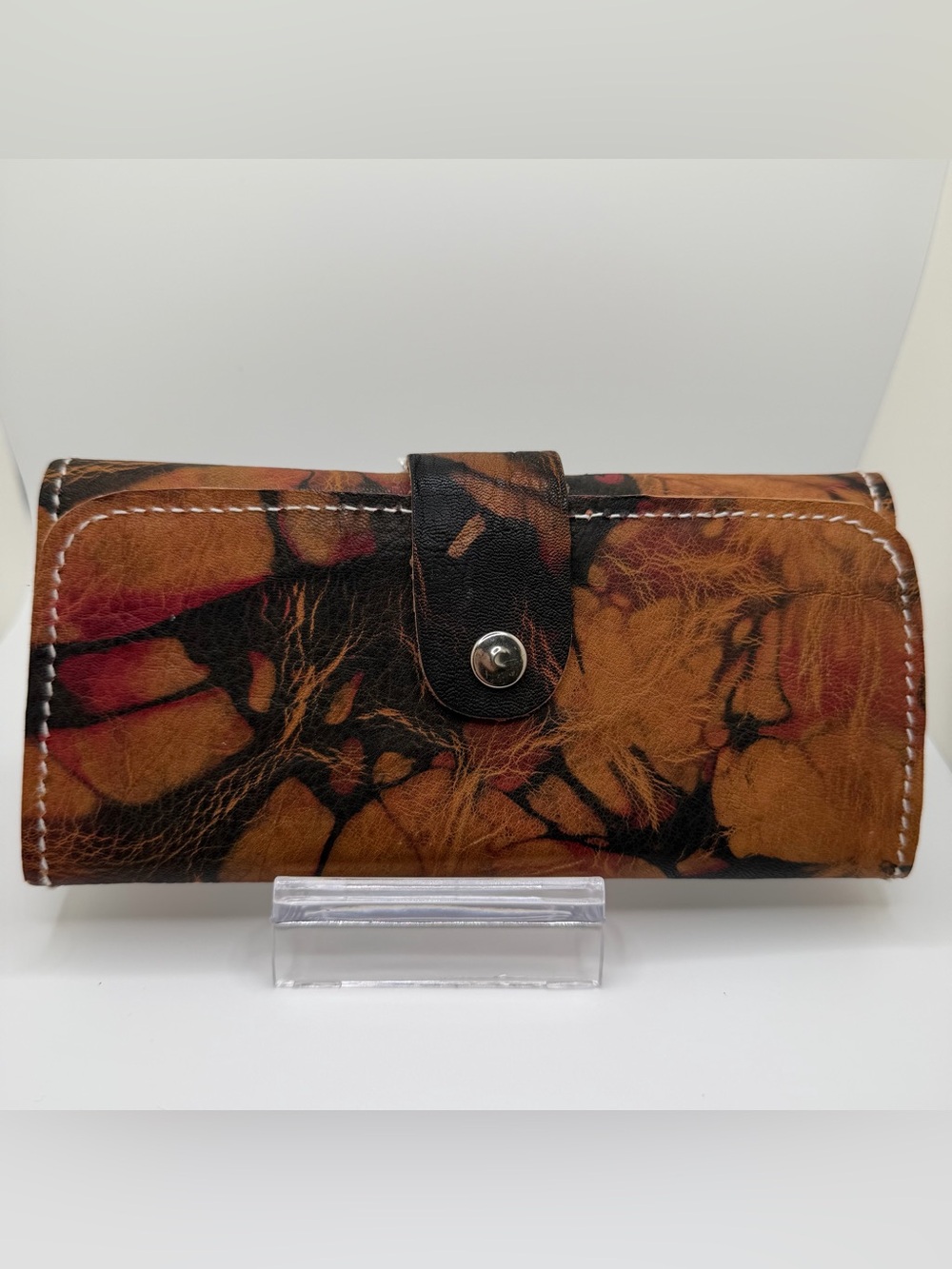 Handmade Artisan Leather Wallet Abstract Marbled Brown Black Snap Closure Wallet
